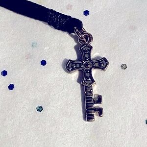 Cross key necklace with satin cording